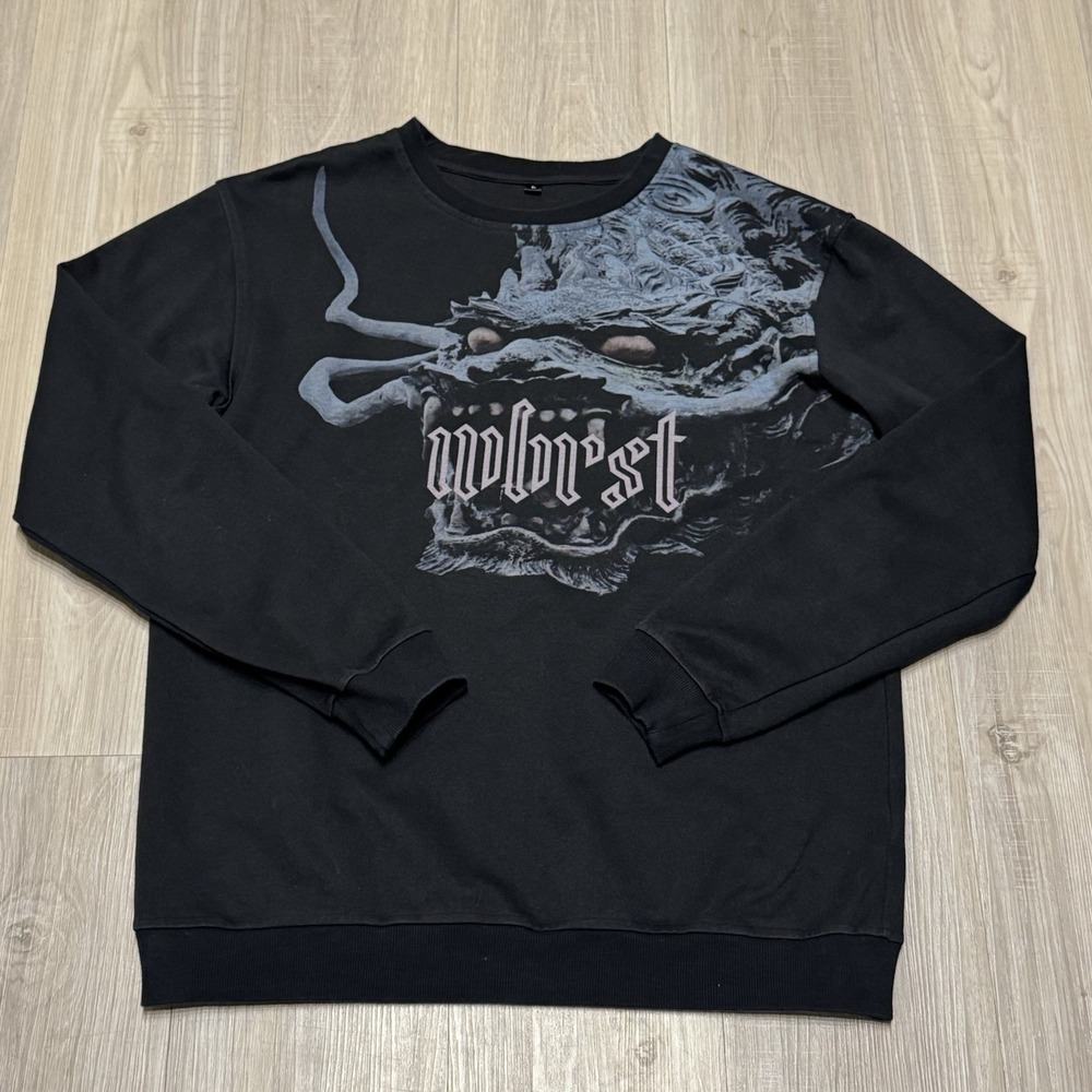 W6RST Gothic Dragon Graphic Crewneck Sweatshirt Black Men's Size L Y2K